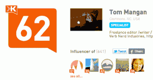 Screen grab from Klout's website revealing tom mangan's klout score